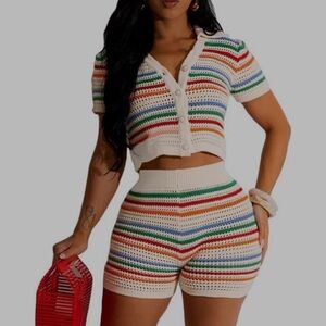 Multicolor Striped Knit Short Set